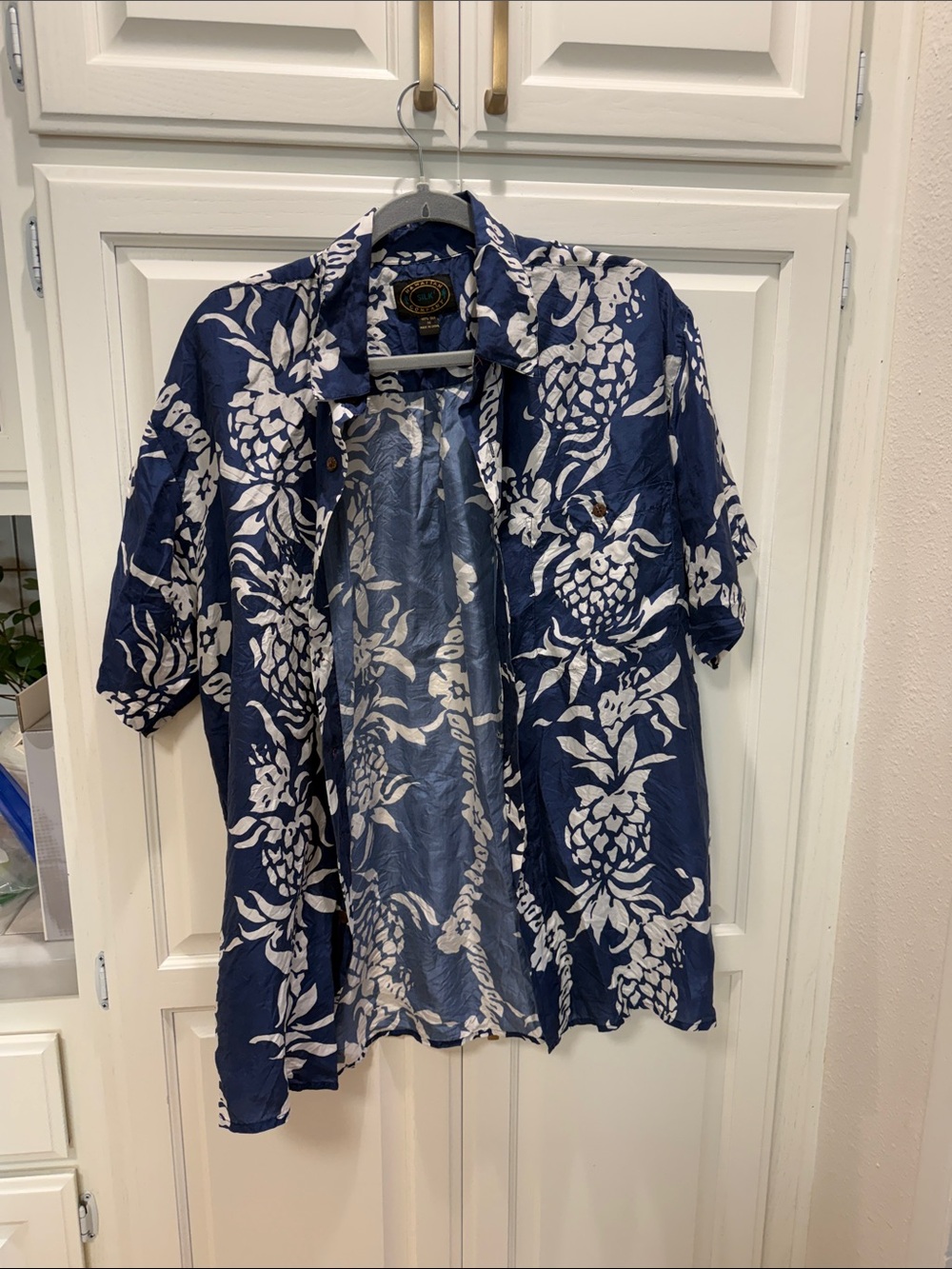 Men's Silk Navy Blue Hawaiian Print Short-Sleeve Shirt Jacket